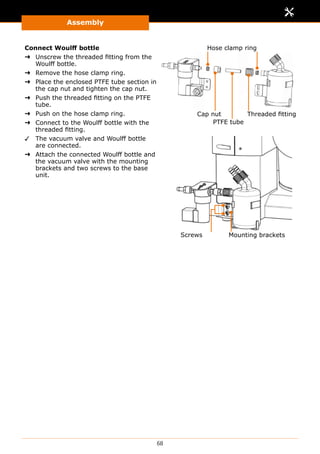 Assembly
68
Connect Woulff bottle
➜➜ Unscrew the threaded fitting from the
Woulff bottle.
➜➜ Remove the hose clamp ring.
➜➜ Place the enclosed PTFE tube section in
the cap nut and tighten the cap nut.
➜➜ Push the threaded fitting on the PTFE
tube.
➜➜ Push on the hose clamp ring.
➜➜ Connect to the Woulff bottle with the
threaded fitting.
Threaded fitting
PTFE tube
Cap nut
Hose clamp ring
✓✓ The vacuum valve and Woulff bottle
are connected.
➜➜ Attach the connected Woulff bottle and
the vacuum valve with the mounting
brackets and two screws to the base
unit.
Mounting bracketsScrews
 