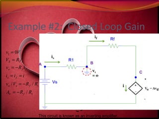 Example #2: Closed Loop Gain
This circuit is known as an inverting amplifier.
1
1
1
1
/
//
0
RRA
RRVv
iii
iRv
iRV
Vv
fV
fso
fs
ffo
sS
−=
−=
==
−=
=
=
C
A B
 