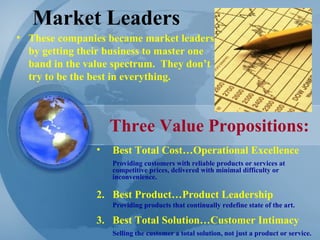 Market Leaders These companies became market leaders by getting their business to master one band in the value spectrum.  They don’t try to be the best in everything. Best Total Cost…Operational Excellence   Providing customers with reliable products or services at competitive prices, delivered with minimal difficulty or inconvenience. 2.  Best Product…Product Leadership Providing products that continually redefine state of the art. 3.  Best Total Solution…Customer Intimacy Selling the customer a total solution, not just a product or service. Three Value Propositions: 