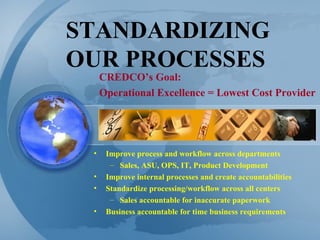 STANDARDIZING OUR PROCESSES Improve process and workflow across departments Sales, ASU, OPS, IT, Product Development Improve internal processes and create accountabilities Standardize processing/workflow across all centers Sales accountable for inaccurate paperwork Business accountable for time business requirements CREDCO’s Goal:  Operational Excellence = Lowest Cost Provider 