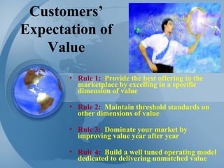 Customers’ Expectation of Value Rule 1:   Provide the best offering in the marketplace by excelling in a specific dimension of value Rule 2:   Maintain threshold standards on other dimensions of value Rule 3:   Dominate your market by improving value year after year Rule 4:   Build a well tuned operating model dedicated to delivering unmatched value 
