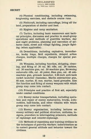 SECRET
DECLASSIFIED
Authority: NND 843099
By: TKN Date: 12/3/13
(4) Physical conditioning, including swimming,
toughening exercises, and obstacle course runs.
(5) Fieldcraft, including camouflage, living off the
land, preparation of shelter and food.
(6) Hygiene and camp sanitation.
(7) Tactics, including basic maneuvers and tacti-
cal principles, discussion and practice in small-group
operations and methods of guerrilla warfare, day
and night problems, planning and execution of air-
borne raids, street and village fighting, jungle fight-
ing (when applicable).
(8) Demolitions, including explosives, incendiar-
ies, booby traps, field expedients, delayed· action
charges, multiple charges, charges for special pur-
poses.
(9) Weapons, including function, stripping, clean-
ing, and firing of .30 cal. M1 rifle, cal. .30 carbine,
cal. .30 machine gun, cal. .50 machine gun, Browning
automatic rifle, cal. .45 pistol, Sten gun, cal. .45 sub-
machine gun, grenade launcher, 2.36-inch anti-tank
rocket launcher (bazooka), Marlin submachine gun,
60 mm. mortar, 81 mm. mortar, hand grenades. Also
the function and firing of enemy weapons with which
group may come into contact.
(10) Principles and practice of first aid, especially
under combat conditions.
(11) Enemy motor transportation, including opera-
tion and repair of enemy motorcycles, trucks, auto-
mobiles, half-tracks, and other vehicles with which
group may come into contact.
(12) Enemy organization, including lectures on
enemy military and political structure, uniforms, in-
signia, procedure in interrogating prisoners, methods
of espionage and counter-espionage.
(13) Methods of organizing and training civilians in
the techniques of guerrilla warfare; indoctrination as
to correct general attitude and behavior toward the
civilians.
12
 