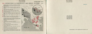 DECLASSIFIED
Authority: NND 843099
By: TKN Date: 12/3/13 JANUARY 1944
OG OPERATIONS IN YUGOSLAVIA AND GREECE, OCTOBER 1944
Operations against the islands and mainland of Yugoslavia
were based on Vis, to which troops returned after each action.
Missions included:
e Destruction of the entire German garrison on Solta and
capture of the town of Grohote by OGs and British Com-
mandos.
e Attack on Brae. OGs with British troops forced part of the
enemy into an inner defense ring.
e Destruction of a German patrol on the island of Hvar.
e Attack on Korcula. OGs and Partisans cleared two-thirds of
the island of Germans.
e From a cove on the Peljesac peninsula, OG troops and a small
British naval detachment shelled three passing German
ships.
e Reconnaissance on Mljet, Lagosta, and the Yugoslav main-
land.
e Rescue of American aviators. More than 1,000 fliers of the
Fifteenth Air Force have been safely brought to Vis.
All action in Northern Greece was part or the NOAH"s ARK
operation which infiltrated by sea and air to aid the guerrilla
Andartes in harassing German forces.
1 Infiltration.
2 Attacked German headquarters in Yannitsa.
3 Attacked a train, small arms fire causing many enemy casual-
ties.
4 Ambushed a truck convoy.
5 Blew up railway track and attacked a repair train.
6 Attacked a small convoy.
7 Aided by Andartes and British, OGs shelled a train, and
set it afire.
8 Destroyed eight vehicles of a large German convoy.
9 Derailed six boxcars and destroyed a locomotive.
10 OGs parachuted into the Peloponnesus and made contact
with an Allied Mission. They destroyed two strategic railway
bridges.
Y U GOSLAVIA
I ON I AN SEA
DECLASSIFIED
Authorily: NND 843099
By: T-KN Date: 12/3/13
@~~PRESE NTA TI ON
OG230
UTHOGRAPHED IN THE REPRODUCTION BRANCH, OSS
 