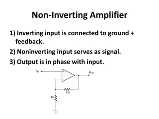 Non-Inverting Amplifier1) Inverting input is connected to ground + feedback.2) Noninverting input serves as signal.3) Output is in phase with input.