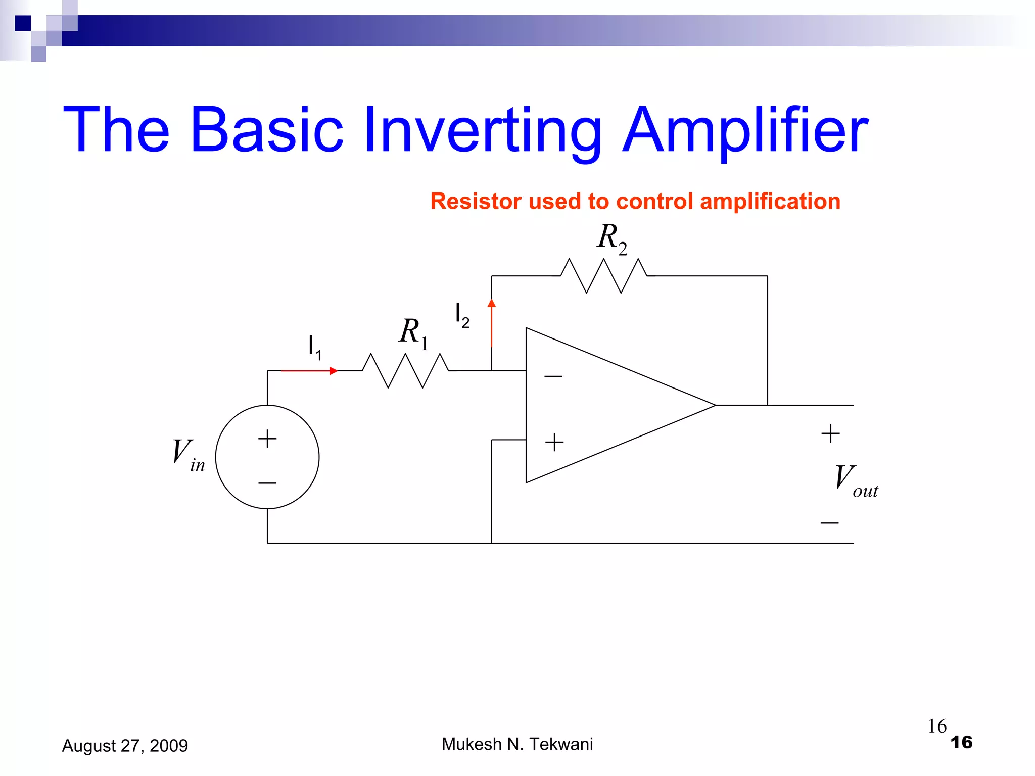 The Basic Inverting Amplifier R 2 V in – + + – V out R 1 + – I 1 I 2 Resistor used to control amplification 