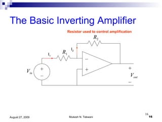 The Basic Inverting Amplifier R 2 V in – + + – V out R 1 + – I 1 I 2 Resistor used to control amplification 