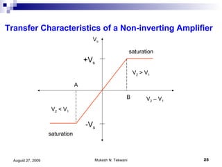 Transfer Characteristics of a Non-inverting Amplifier V o -V s +V s saturation saturation V 2  – V 1 V 2  > V 1 V 2  < V 1 B A 