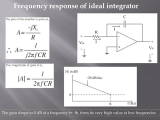 Frequency response of ideal integrator
The gain drops to 0 dB at a frequency f= fb, from its very high value at low frequencies
 