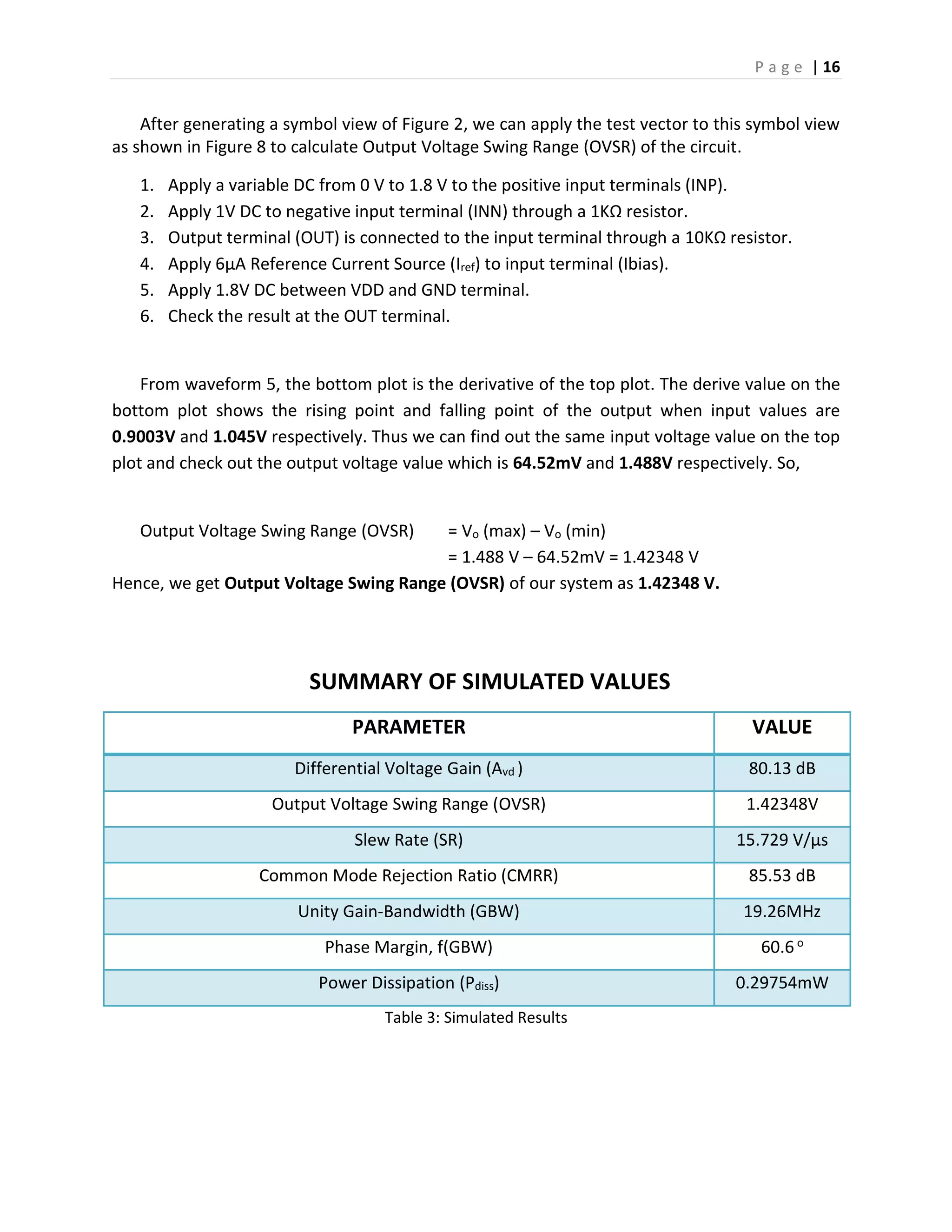 P a g e | 16
After generating a symbol view of Figure 2, we can apply the test vector to this symbol view
as shown in Figure 8 to calculate Output Voltage Swing Range (OVSR) of the circuit.
1. Apply a variable DC from 0 V to 1.8 V to the positive input terminals (INP).
2. Apply 1V DC to negative input terminal (INN) through a 1KΩ resistor.
3. Output terminal (OUT) is connected to the input terminal through a 10KΩ resistor.
4. Apply 6µA Reference Current Source (Iref) to input terminal (Ibias).
5. Apply 1.8V DC between VDD and GND terminal.
6. Check the result at the OUT terminal.
From waveform 5, the bottom plot is the derivative of the top plot. The derive value on the
bottom plot shows the rising point and falling point of the output when input values are
0.9003V and 1.045V respectively. Thus we can find out the same input voltage value on the top
plot and check out the output voltage value which is 64.52mV and 1.488V respectively. So,
Output Voltage Swing Range (OVSR) = Vo (max) – Vo (min)
= 1.488 V – 64.52mV = 1.42348 V
Hence, we get Output Voltage Swing Range (OVSR) of our system as 1.42348 V.
SUMMARY OF SIMULATED VALUES
PARAMETER VALUE
Differential Voltage Gain (Avd ) 80.13 dB
Output Voltage Swing Range (OVSR) 1.42348V
Slew Rate (SR) 15.729 V/µs
Common Mode Rejection Ratio (CMRR) 85.53 dB
Unity Gain-Bandwidth (GBW) 19.26MHz
Phase Margin, f(GBW) 60.6 o
Power Dissipation (Pdiss) 0.29754mW
Table 3: Simulated Results
 
