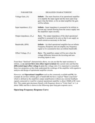 PARAMETER                         IDEALIZED CHARACTERISTIC

 Voltage Gain, (A)              Infinite - The main function of an operational amplifier
                                is to amplify the input signal and the more open loop
                                gain it has the better, so for an ideal amplifier the gain
                                will be infinite.

 Input impedance, (Zin)         Infinite - Input impedance is assumed to be infinite to
                                prevent any current flowing from the source supply into
                                the amplifiers input circuitry.

 Output impedance, (Zout)       Zero - The output impedance of the ideal operational
                                amplifier is assumed to be zero so that it can supply as
                                much current as necessary to the load.

 Bandwidth, (BW)                Infinite - An ideal operational amplifier has an infinite
                                Frequency Response and can amplify any frequency
                                signal so it is assumed to have an infinite bandwidth.

 Offset Voltage, (Vio)          Zero - The amplifiers output will be zero when the
                                voltage difference between the inverting and non-
                                inverting inputs is zero.

From these "idealized" characteristics above, we can see that the input resistance is
infinite, so no current flows into either input terminal (the current rule) and that the
differential input offset voltage is zero (the voltage rule). It is important to remember
these two properties as they help understand the workings of the amplifier with regards to
analysis and design of operational amplifier circuits.

However, real Operational Amplifiers such as the commonly available uA741, for
example do not have infinite gain or bandwidth but have a typical "Open Loop Gain"
which is defined as the amplifiers output amplification without any external feedback
signals connected to it and for a typical operational amplifier is about 100dB at DC (zero
Hz). This output gain decreases linearly with frequency down to "Unity Gain" or 1, at
about 1MHz and this is shown in the following open loop gain response curve.

Open-loop Frequency Response Curve
 