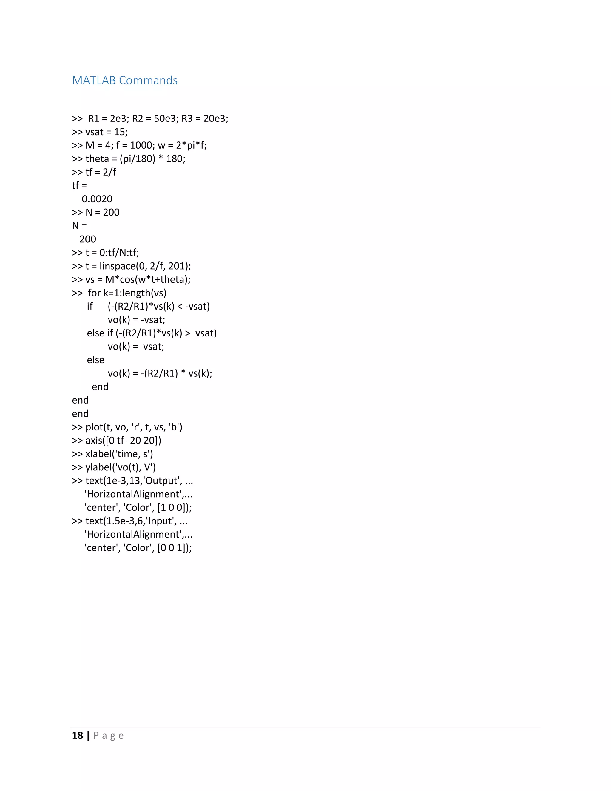 18 | P a g e
MATLAB Commands
>> R1 = 2e3; R2 = 50e3; R3 = 20e3;
>> vsat = 15;
>> M = 4; f = 1000; w = 2*pi*f;
>> theta = (pi/180) * 180;
>> tf = 2/f
tf =
0.0020
>> N = 200
N =
200
>> t = 0:tf/N:tf;
>> t = linspace(0, 2/f, 201);
>> vs = M*cos(w*t+theta);
>> for k=1:length(vs)
if (-(R2/R1)*vs(k) < -vsat)
vo(k) = -vsat;
else if (-(R2/R1)*vs(k) > vsat)
vo(k) = vsat;
else
vo(k) = -(R2/R1) * vs(k);
end
end
end
>> plot(t, vo, 'r', t, vs, 'b')
>> axis([0 tf -20 20])
>> xlabel('time, s')
>> ylabel('vo(t), V')
>> text(1e-3,13,'Output', ...
'HorizontalAlignment',...
'center', 'Color', [1 0 0]);
>> text(1.5e-3,6,'Input', ...
'HorizontalAlignment',...
'center', 'Color', [0 0 1]);
 