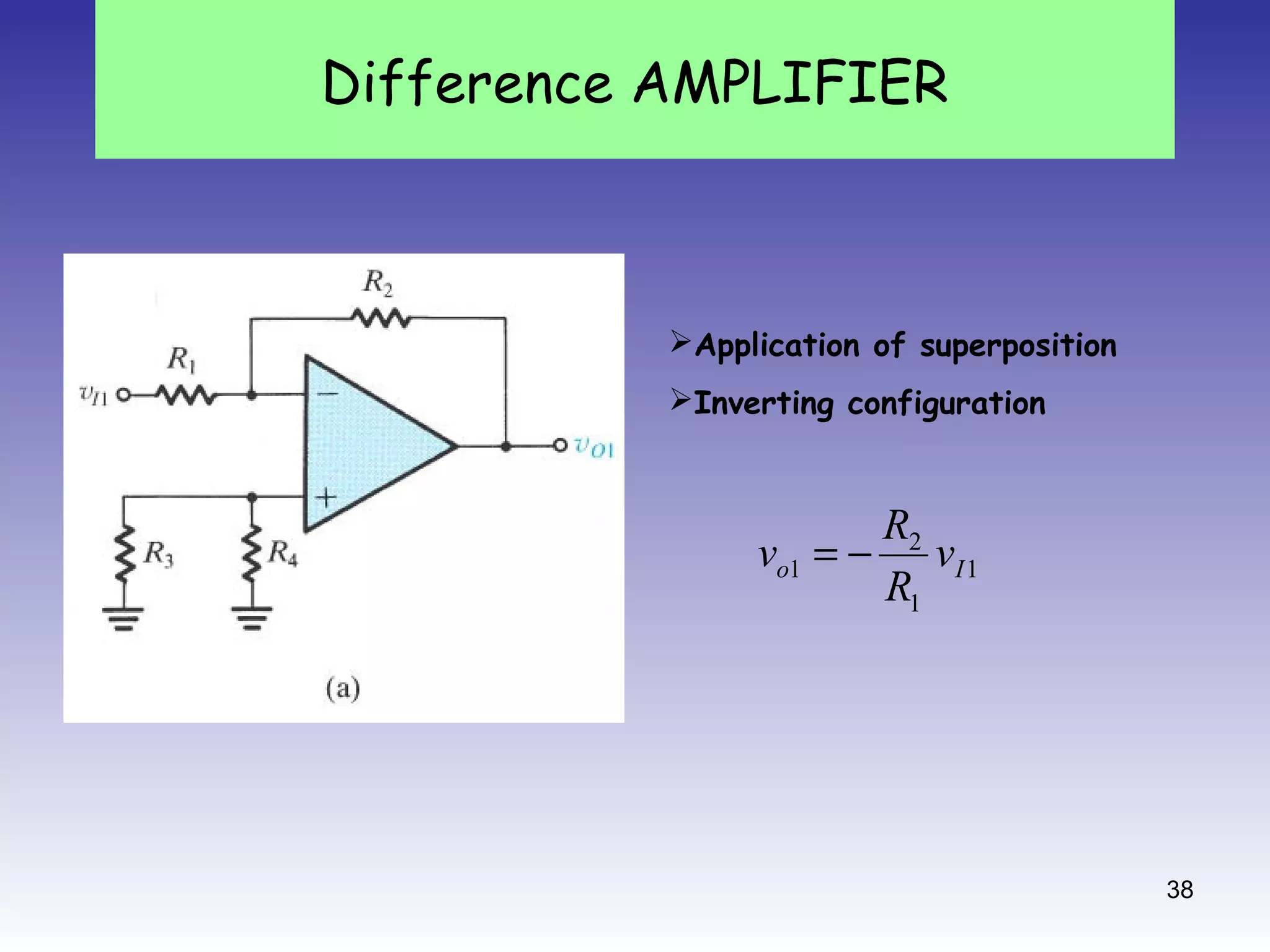 38
Application of superposition
Inverting configuration
1
1
2
1 Io v
R
R
v −=
Difference AMPLIFIER
 