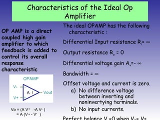 Characteristics of the Ideal Op
Amplifier
The ideal OPAMP has the following
characteristic :
Differential Input resistance Ri= ∞
Output resistance Ro = 0
Differential voltage gain Av=- ∞
Bandwidth = ∞
Offset voltage and current is zero.
a) No difference voltage
between inverting and
noninvertying terminals.
b) No input currents.
A
Vo = (A V -A V )
= A (V - V )
+
+
-
-
OP AMP is a direct
coupled high gain
amplifier to which
feedback is added to
control its overall
response
characteristic
 