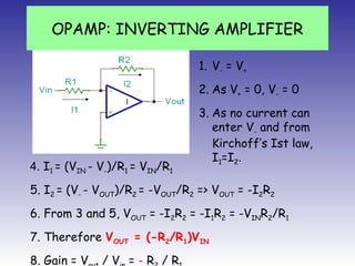 OPAMP: INVERTING AMPLIFIER
1. V- = V+
2. As V+ = 0, V- = 0
3. As no current can
enter V- and from
Kirchoff’s Ist law,
I1=I2.
4. I1 = (VIN - V-)/R1 = VIN/R1
5. I2 = (V- - VOUT)/R2 = -VOUT/R2 => VOUT = -I2R2
6. From 3 and 5, VOUT = -I2R2 = -I1R2 = -VINR2/R1
7. Therefore VOUT = (-R2/R1)VIN
8. Gain = V / V = - R / R
 