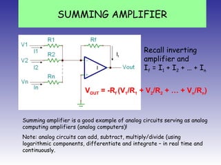 SUMMING AMPLIFIER
VOUT = -Rf (V1/R1 + V2/R2 + … + Vn/Rn)
If
Recall inverting
amplifier and
If = I1 + I2 + … + In
Summing amplifier is a good example of analog circuits serving as analog
computing amplifiers (analog computers)!
Note: analog circuits can add, subtract, multiply/divide (using
logarithmic components, differentiate and integrate – in real time and
continuously.
 