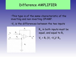 Difference AMPLIFIER
•This type is of the same characteristic of the
inverting and non inverting OPAMP.
•Vo is the differences between the two inputs
• Rin in both inputs must be
equal, and equal to Rf
Vo = Rf (V1 –V2)/ Rin
Rf
Rin
Rin
V2
V1
Rf
Vo
 