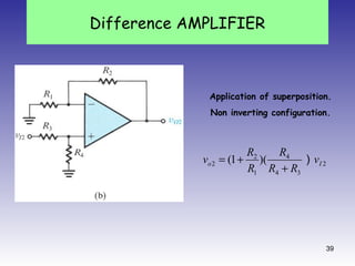 39
Application of superposition.
Non inverting configuration.
2
34
4
1
2
2 )(1( Io v
RR
R
R
R
v ）
+
+=
Difference AMPLIFIER
 