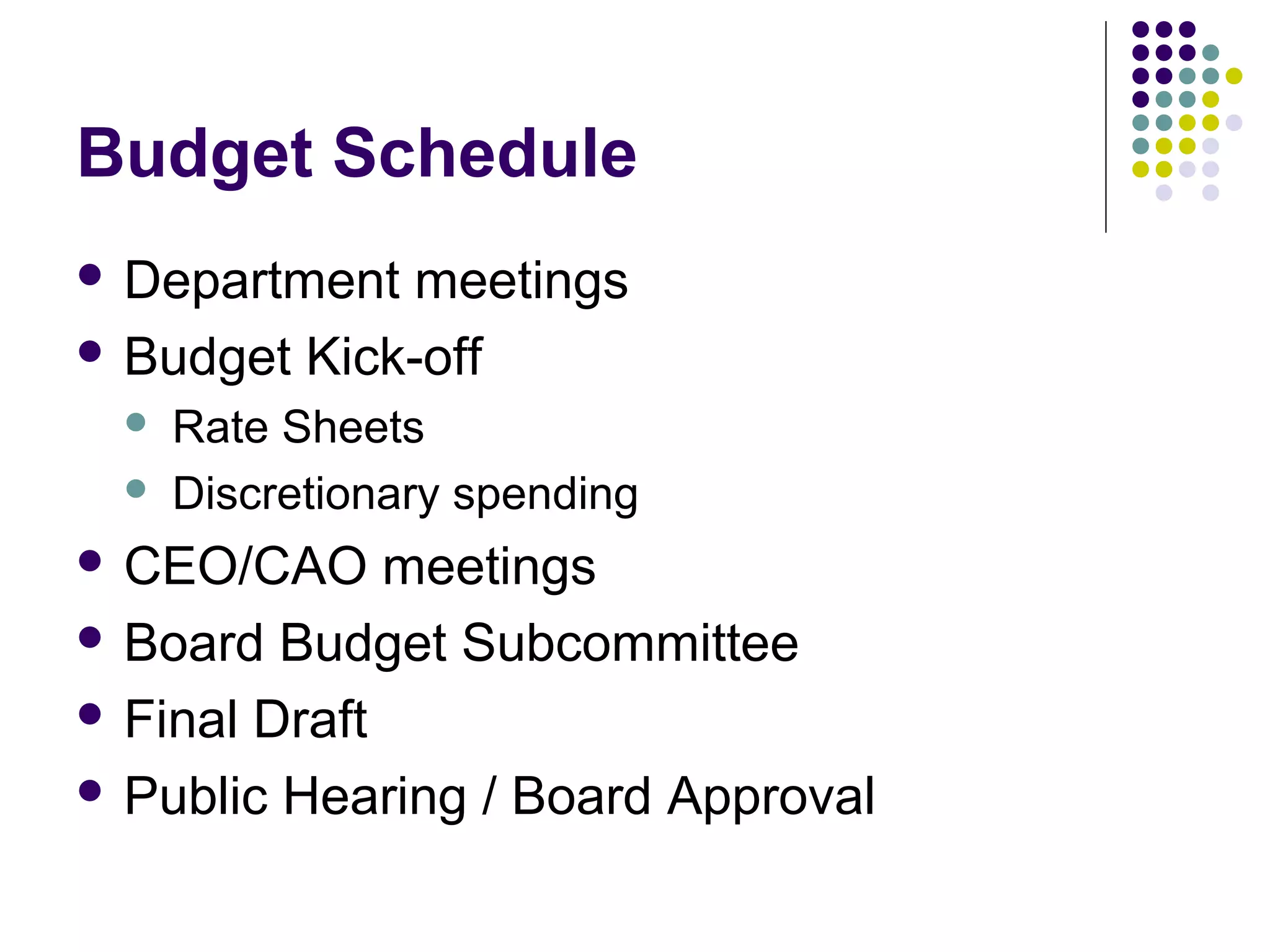 Budget Schedule
 Department meetings
 Budget Kick-off
    Rate Sheets
    Discretionary spending
 CEO/CAO     meetings
 Board Budget Subcommittee

 Final Draft

 Public Hearing / Board Approval
 