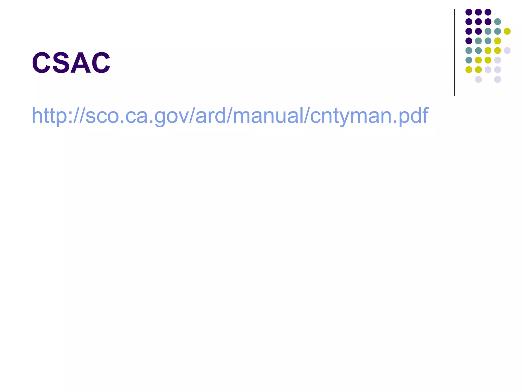 CSAC
http://sco.ca.gov/ard/manual/cntyman.pdf
 