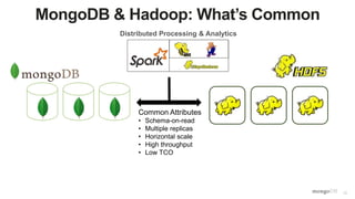 10
MongoDB & Hadoop: What’s Common
Distributed Processing & Analytics
Common Attributes
• Schema-on-read
• Multiple replicas
• Horizontal scale
• High throughput
• Low TCO
 