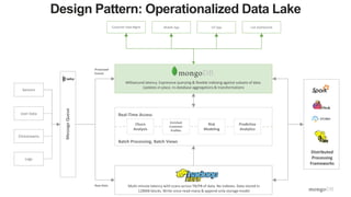 MessageQueue
Customer Data Mgmt Mobile App IoT App Live Dashboards
Raw Data
Processed
Events
Distributed
Processing
Frameworks
Millisecond latency. Expressive querying & flexible indexing against subsets of data.
Updates-in place. In-database aggregations & transformations
Multi-minute latency with scans across TB/PB of data. No indexes. Data stored in
128MB blocks. Write-once-read-many & append-only storage model
Sensors
User Data
Clickstreams
Logs
Churn
Analysis
Enriched
Customer
Profiles
Risk
Modeling
Predictive
Analytics
Real-Time Access
Batch Processing, Batch Views
Design Pattern: Operationalized Data Lake
 