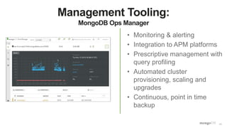 46
Management Tooling:
MongoDB Ops Manager
• Monitoring & alerting
• Integration to APM platforms
• Prescriptive management with
query profiling
• Automated cluster
provisioning, scaling and
upgrades
• Continuous, point in time
backup
 