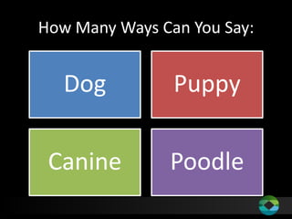 How Many Ways Can You Say:

Dog

Puppy

Canine

Poodle

 
