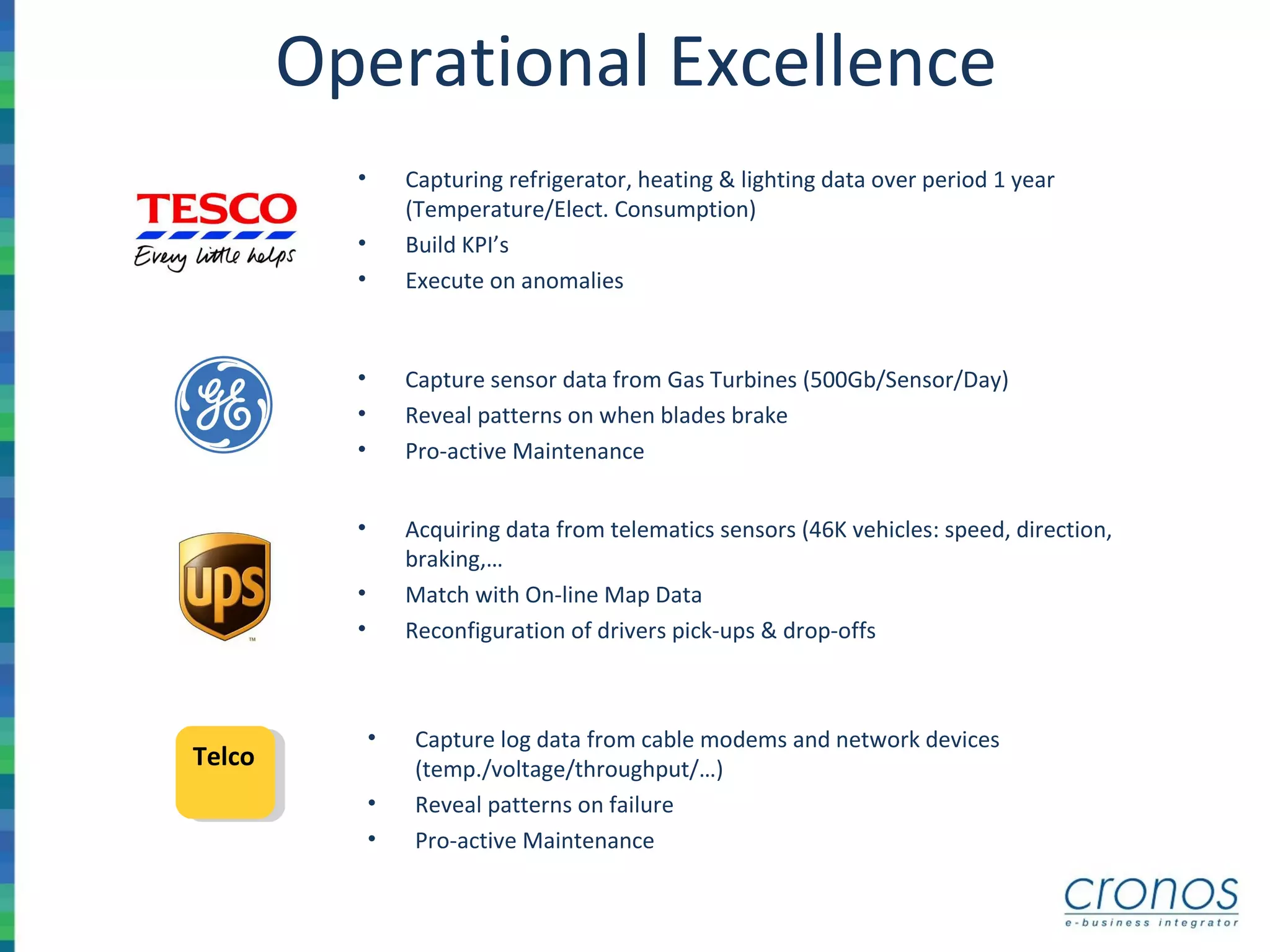 Operational Excellence
• Capturing refrigerator, heating & lighting data over period 1 year
(Temperature/Elect. Consumption)
• Build KPI’s
• Execute on anomalies
• Capture sensor data from Gas Turbines (500Gb/Sensor/Day)
• Reveal patterns on when blades brake
• Pro-active Maintenance
• Acquiring data from telematics sensors (46K vehicles: speed, direction,
braking,…
• Match with On-line Map Data
• Reconfiguration of drivers pick-ups & drop-offs
TelcoTelco
• Capture log data from cable modems and network devices
(temp./voltage/throughput/…)
• Reveal patterns on failure
• Pro-active Maintenance
 