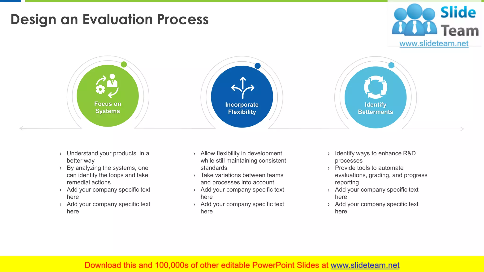 Design an Evaluation Process
5
› Understand your products in a
better way
› By analyzing the systems, one
can identify the loops and take
remedial actions
› Add your company specific text
here
› Add your company specific text
here
› Allow flexibility in development
while still maintaining consistent
standards
› Take variations between teams
and processes into account
› Add your company specific text
here
› Add your company specific text
here
Focus on
Systems
› Identify ways to enhance R&D
processes
› Provide tools to automate
evaluations, grading, and progress
reporting
› Add your company specific text
here
› Add your company specific text
here
Identify
Betterments
Incorporate
Flexibility
This slide is 100% editable. Adapt it to your needs and capture your audience's attention.
 