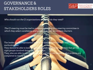 GOVERNANCE &
STAKEHOLDERS ROLES
Who should run the CI organizations and what do they need?
The leader of a CI organization have to be familiar with the tools and
methodologies.
They should be able to look at big picture and orchestrate activities that get the
right people involved doing the right things.
They, also are able to ask right questions and motivate people so that projects are
completed in timely fashion .
The CI steering must be tied to company steering thru steering committee in
which they select candidates and projects as well as validate charters.
 