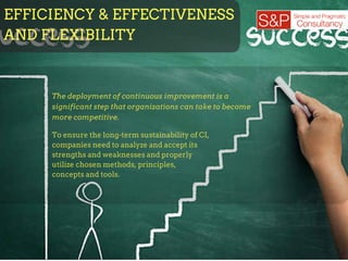 The deployment of continuous improvement is a
significant step that organizations can take to become
more competitive.
To ensure the long­term sustainability of CI,
companies need to analyze and accept its
strengths and weaknesses and properly
utilize chosen methods, principles,
concepts and tools.
EFFICIENCY & EFFECTIVENESS
AND FLEXIBILITY
 