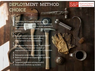 DEPLOYMENT METHOD
CHOICE
According to company strategy and
organizational readiness , we should choose
deployment method and its scale, whether it
concerns entire organization, department,
section.
Organizational readiness is related the
current culture, past experiences,
management team and stability.
Remember that there is no “right model”.
However there are four models of
deployment to the organization’s situation.
Enterprise wide (traditional model)
Reduced perimeter/department (scalable
model)
Targeted (problem solving model)
Grass roots (bottom up model)
 
