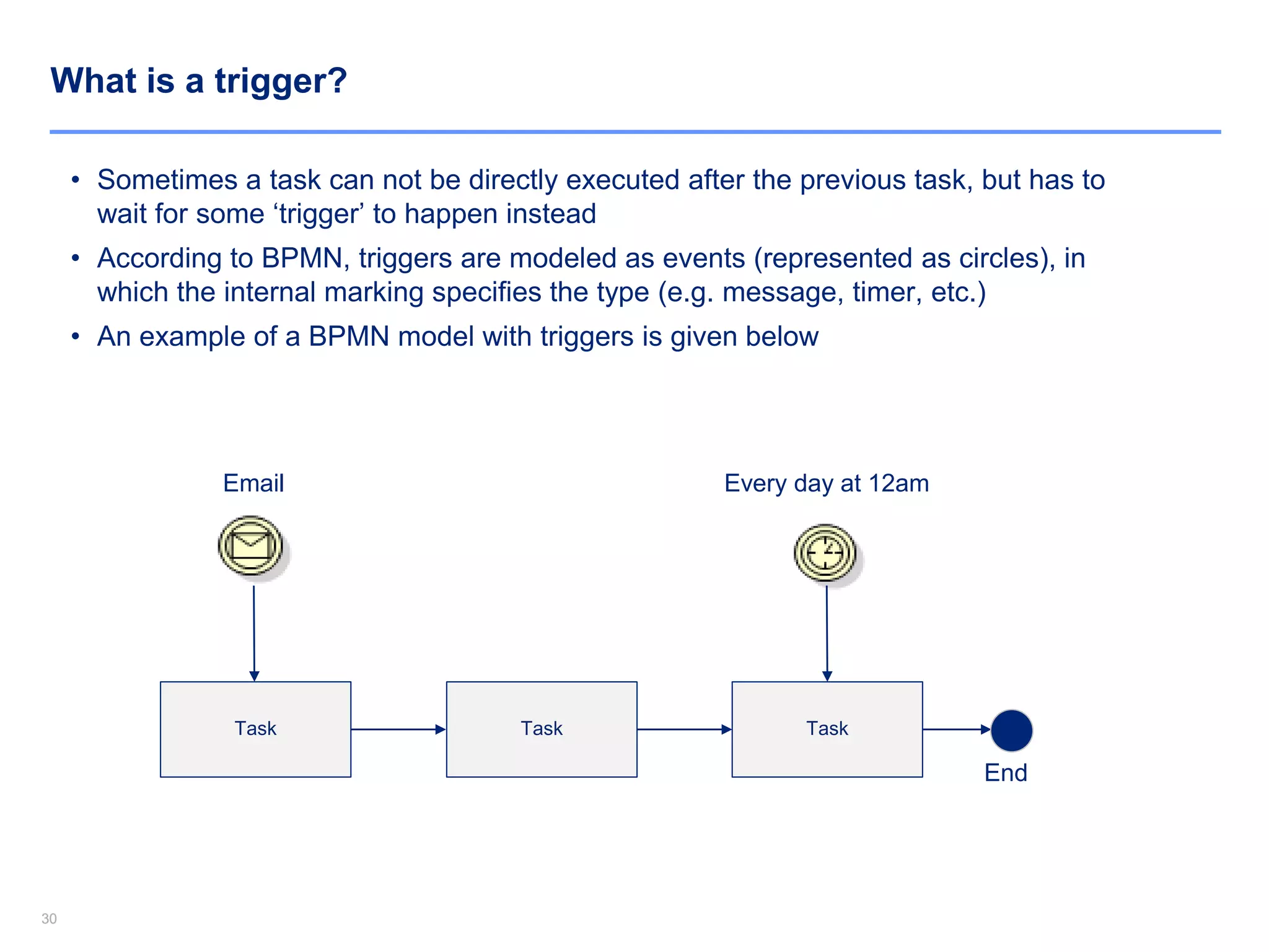 3030
What is a trigger?
Task
End
Task
Email
• Sometimes a task can not be directly executed after the previous task, but has to
wait for some ‘trigger’ to happen instead
• According to BPMN, triggers are modeled as events (represented as circles), in
which the internal marking specifies the type (e.g. message, timer, etc.)
• An example of a BPMN model with triggers is given below
Task
Every day at 12am
 