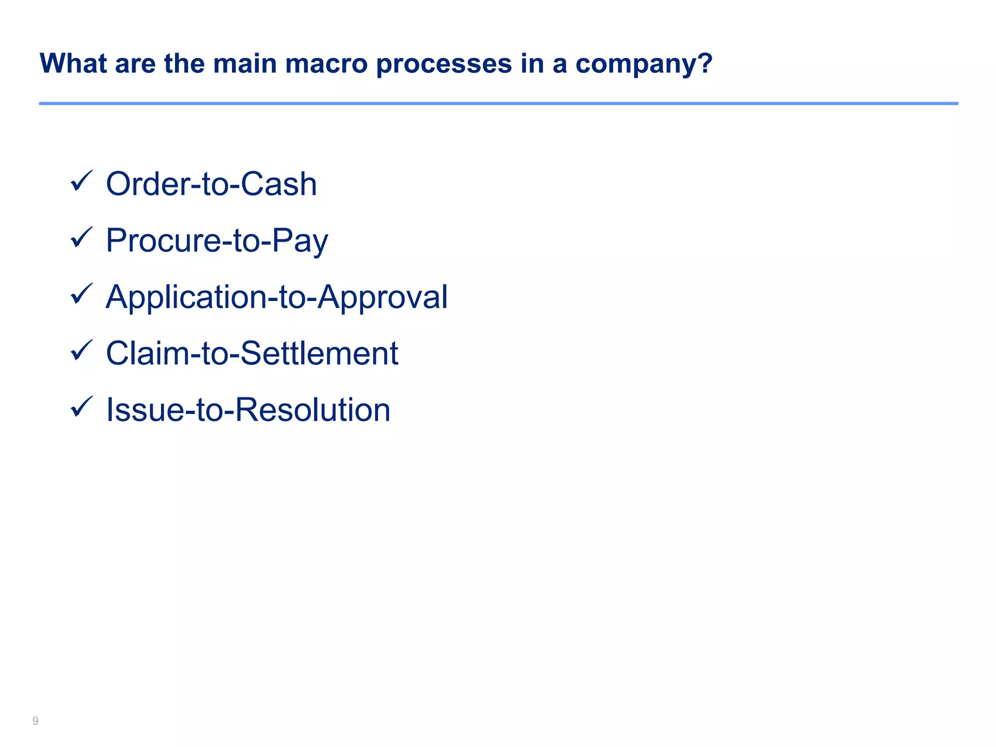 99
What are the main macro processes in a company?
 Order-to-Cash
 Procure-to-Pay
 Application-to-Approval
 Claim-to-Settlement
 Issue-to-Resolution
 