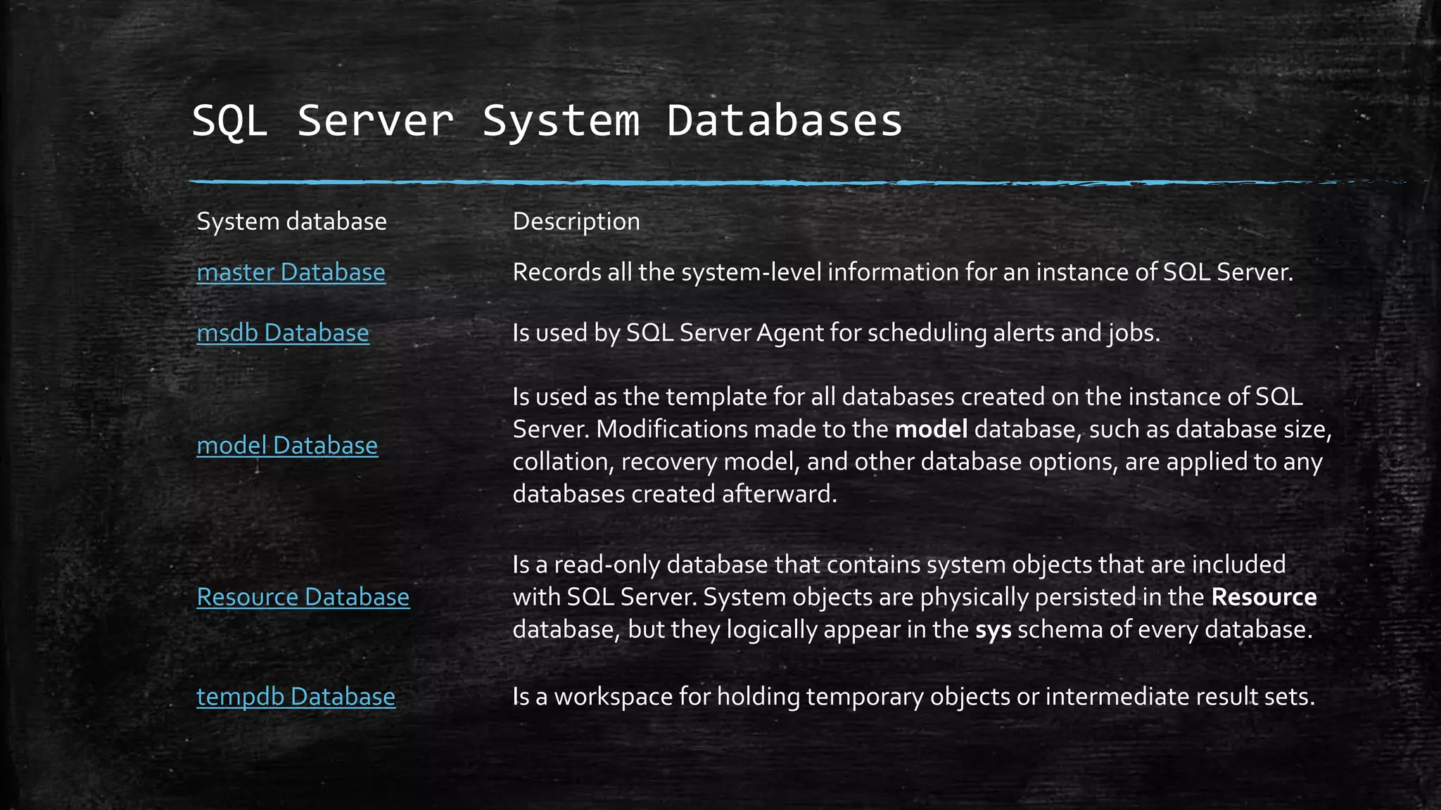SQL Server System Databases
System database Description
master Database Records all the system-level information for an instance of SQL Server.
msdb Database Is used by SQL Server Agent for scheduling alerts and jobs.
model Database
Is used as the template for all databases created on the instance of SQL
Server. Modifications made to the model database, such as database size,
collation, recovery model, and other database options, are applied to any
databases created afterward.
Resource Database
Is a read-only database that contains system objects that are included
with SQL Server. System objects are physically persisted in the Resource
database, but they logically appear in the sys schema of every database.
tempdb Database Is a workspace for holding temporary objects or intermediate result sets.
 