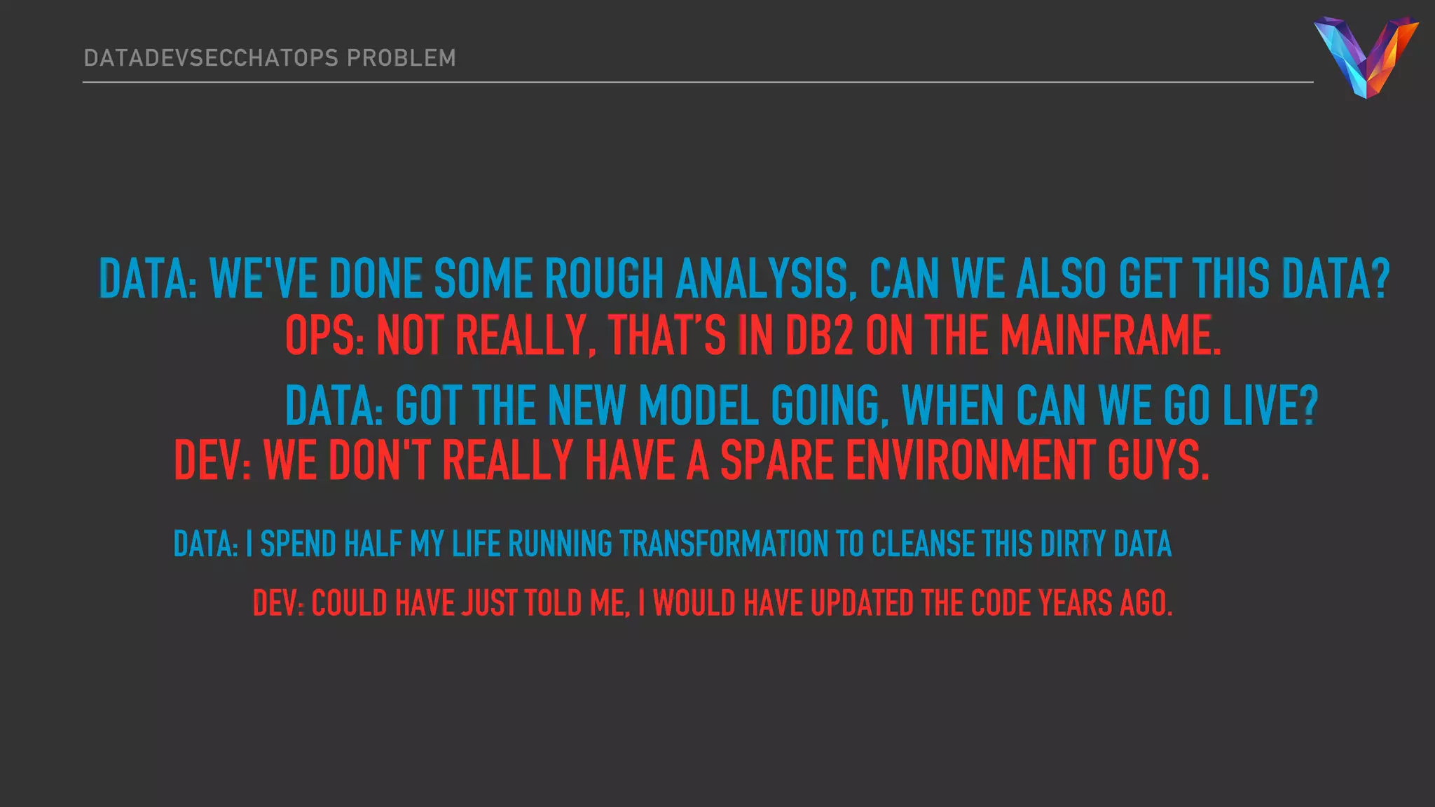 DATADEVSECCHATOPS PROBLEM
DATA: WE'VE DONE SOME ROUGH ANALYSIS, CAN WE ALSO GET THIS DATA?
OPS: NOT REALLY, THAT’S IN DB2 ON THE MAINFRAME.
DATA: GOT THE NEW MODEL GOING, WHEN CAN WE GO LIVE?
DEV: WE DON'T REALLY HAVE A SPARE ENVIRONMENT GUYS.
DATA: I SPEND HALF MY LIFE RUNNING TRANSFORMATION TO CLEANSE THIS DIRTY DATA
DEV: COULD HAVE JUST TOLD ME, I WOULD HAVE UPDATED THE CODE YEARS AGO.
 