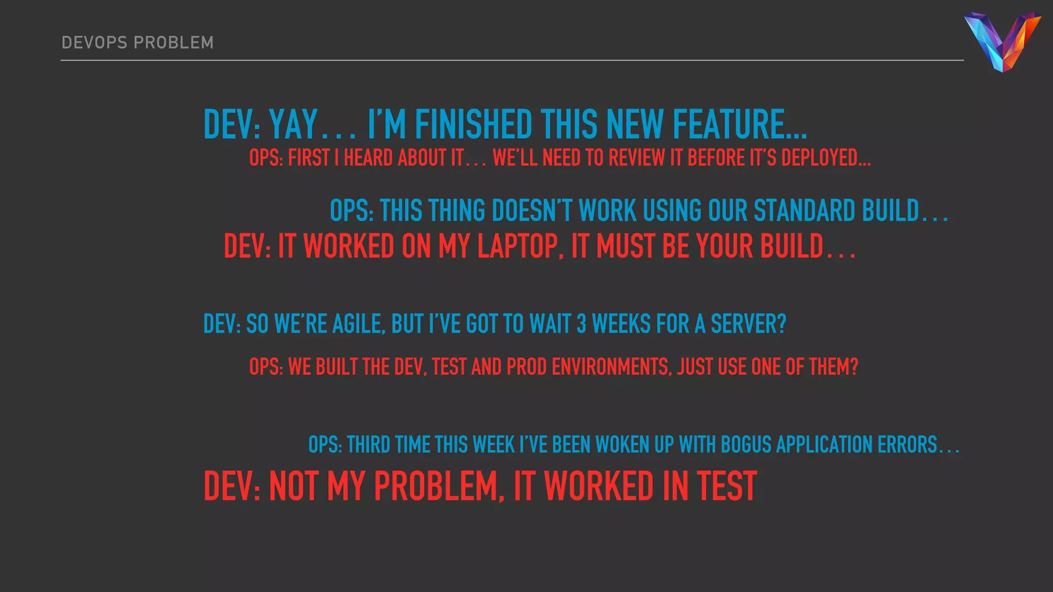 DEVOPS PROBLEM
DEV: YAY… I’M FINISHED THIS NEW FEATURE...
OPS: FIRST I HEARD ABOUT IT… WE’LL NEED TO REVIEW IT BEFORE IT’S DEPLOYED...
OPS: THIS THING DOESN’T WORK USING OUR STANDARD BUILD…
DEV: IT WORKED ON MY LAPTOP, IT MUST BE YOUR BUILD…
OPS: THIRD TIME THIS WEEK I’VE BEEN WOKEN UP WITH BOGUS APPLICATION ERRORS…
DEV: NOT MY PROBLEM, IT WORKED IN TEST
DEV: SO WE’RE AGILE, BUT I’VE GOT TO WAIT 3 WEEKS FOR A SERVER?
OPS: WE BUILT THE DEV, TEST AND PROD ENVIRONMENTS, JUST USE ONE OF THEM?
 