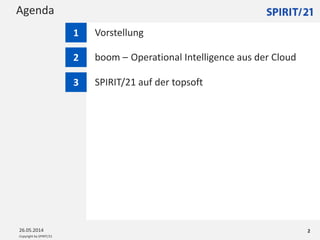 Copyright by SPIRIT/21
Agenda
26.05.2014 2
Vorstellung1
boom – Operational Intelligence aus der Cloud2
3 SPIRIT/21 auf der topsoft
 