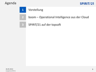 Copyright by SPIRIT/21
Agenda
26.05.2014 3
Vorstellung1
boom – Operational Intelligence aus der Cloud2
3 SPIRIT/21 auf der topsoft
 
