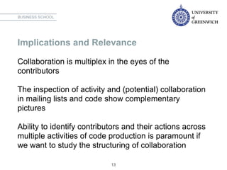 Implications and Relevance
Collaboration is multiplex in the eyes of the
contributors
The inspection of activity and (pote...