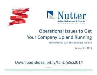 Opera&onal	
  Issues	
  to	
  Get
	
  
Your	
  Company	
  Up	
  and	
  Running	
  
Where	
  do	
  you	
  start	
  a;er	
  you	
  have	
  the	
  idea
	
  
January	
  21,	
  2014
	
  

Download	
  slides:	
  bit.ly/tcnLifeSci2014	
  
#TCNlive	
  

1	
  

 