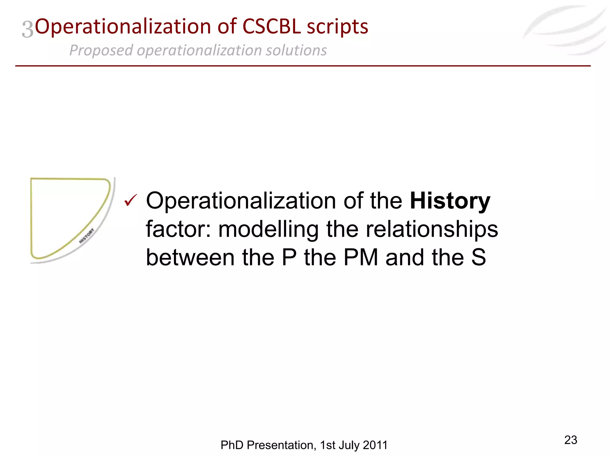 2Factors in the design of CSCBL scripts4SPPIces Model SPACEAgent able to activate or inhibit learning by shaping users interactions Learning flowActivityGroup characteristicsData flowNumber ParticipantsProfile LocationHISTORYFlexibility