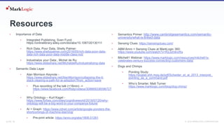 SLIDE: 35 7 November 2018© MARKLOGIC CORPORATION
Resources
• Importance of Data
• Integrated Publishing, Sven Fund:
https://onlinelibrary.wiley.com/doi/abs/10.1087/20130111
• Rich Data, Poor Data, Shelly Palmer:
https://www.shellypalmer.com/2016/05/rich-data-poor-data-
data-rich-data-poor-data-middle-class-not/
• Industrialze your Data:, Michel de Ru:
https://www.slideshare.net/MicheldeRu/industrializing-data
• Semantic Data Layer
• Alan Morrison Keynote -
https://www.slideshare.net/AlanMorrison/collapsing-the-it-
stack-clearing-a-path-for-ai-adoption?from_action=save
• Plus recording of the talk (+18min) ->
https://www.facebook.com/fhstp/videos/308669336596727
/
• Why Ontology – Kurt Kagel -
https://www.forbes.com/sites/cognitiveworld/2018/07/20/why-
ontology-will-be-a-big-word-in-your-companys-future/
• AI + Graph: https://www.zdnet.com/article/google-ponders-the-
shortcomings-of-machine-learning/
• Pre-print article: https://arxiv.org/abs/1806.01261
• Semantics Primer: http://www.cambridgesemantics.com/semantic-
university/what-is-linked-data
• Sensing Clues: https://sensingclues.com/
• ABM Amro + Sensing Clues at MarkLogic 360:
https://www.youtube.com/watch?v=RzJymikvrKs
• Mitchell1 Webinar: https://www.marklogic.com/resources/mitchell1s-
celebrates-century-success-connecting-customers-data/
• Dogs and Chimps
• Pointing Study:
https://doglab.shh.mpg.de/pdf/Scheider_et_al_2013_interpret_
pointing_as_a_command.pdf
• Who’s Smarter, Matt Turner:
https://www.marklogic.com/blog/dog-chimp/
 