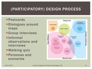 Postcards
Dialogues around
maps
Group interviews
Informal
observations and
interviews
Walking quiz
Personas and
scenarios
03/07/2013 Faculty of Design and Creative Technologies, AUT 11
(PARTICIPATORY) DESIGN PROCESS
 