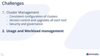 23
Challenges
1. Cluster Management
• Consistent configuration of clusters
• Version control and upgrades all each tool
• Security and governance
2. Usage and Workload management
 