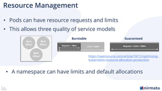 28
Resource Management
• Pods can have resource requests and limits
• This allows three quality of service models
GuaranteedBurstable
• A namespace can have limits and default allocations
https://opensource.com/article/18/12/optimizing-
kubernetes-resource-allocation-production
 