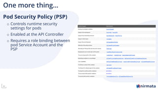 32
One more thing…
Pod Security Policy (PSP)
o Controls runtime security
settings for pods
o Enabled at the API Controller
o Requires a role binding between
pod Service Account and the
PSP
 