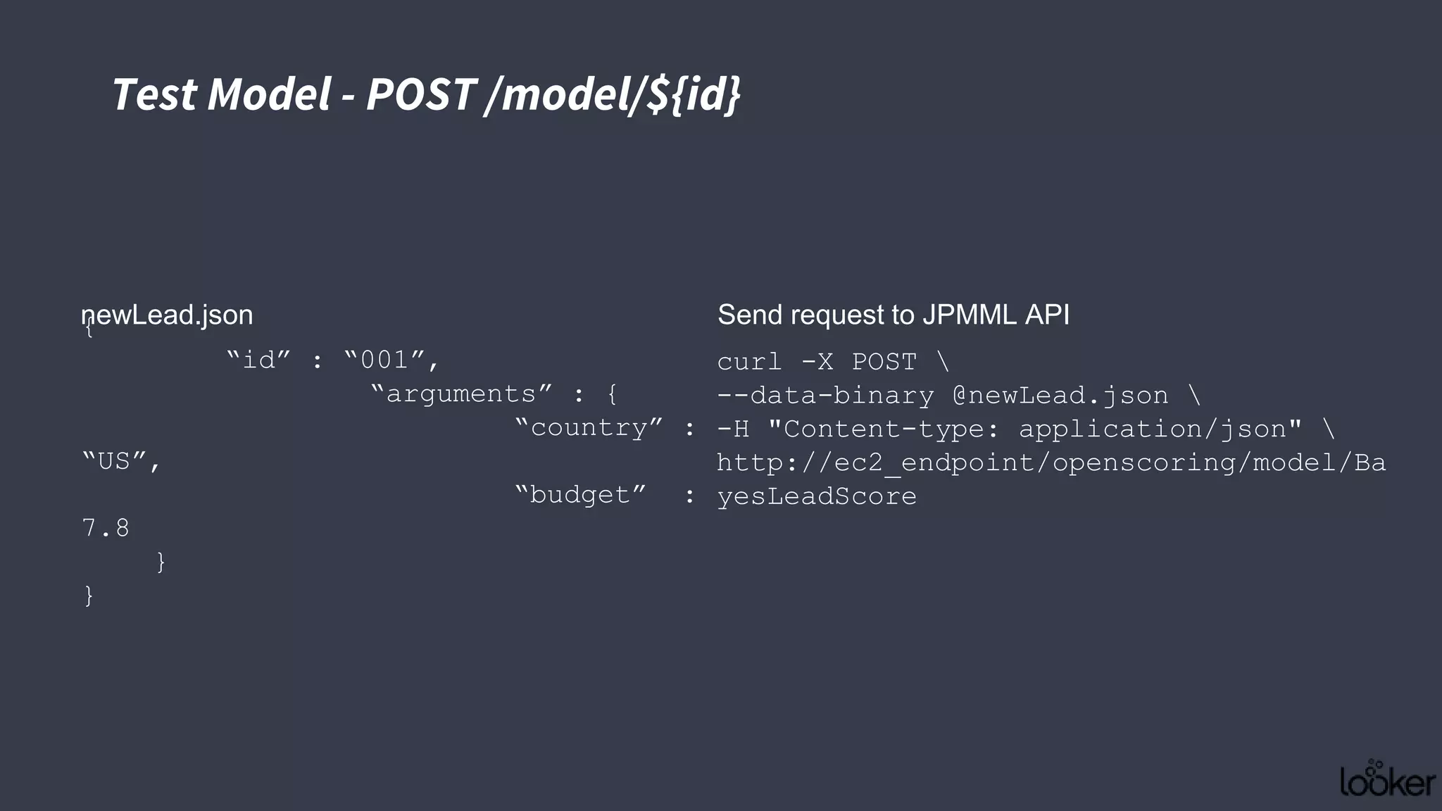 Test Model - POST /model/${id}
newLead.json
curl -X POST 
--data-binary @newLead.json 
-H "Content-type: application/json" 
http://ec2_endpoint/openscoring/model/Ba
yesLeadScore
Send request to JPMML API{
“id” : “001”,
“arguments” : {
“country” :
“US”,
“budget” :
7.8
}
}
 