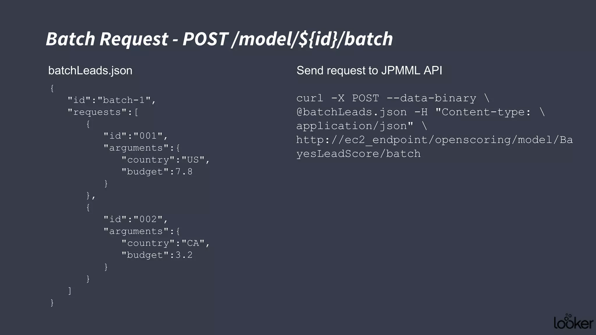 Batch Request - POST /model/${id}/batch
batchLeads.json
curl -X POST --data-binary 
@batchLeads.json -H "Content-type: 
application/json" 
http://ec2_endpoint/openscoring/model/Ba
yesLeadScore/batch
Send request to JPMML API
{
"id":"batch-1",
"requests":[
{
"id":"001",
"arguments":{
"country":"US",
"budget":7.8
}
},
{
"id":"002",
"arguments":{
"country":"CA",
"budget":3.2
}
}
]
}
 