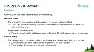 CloudHub 2.0 Features
CloudHub 2.0 has three different levels of multitenancy:
Runtime Plane
1. The shared global region is a multi tenant cloud of virtual machines (VMs)
a. These VMs provide the security and isolation needed for your integrations to run custom code
without affecting others
2. Single-tenant private spaces
a. These are virtual, private, and isolated areas in CloudHub 2.0 which you can use to run your apps
Control Plane
1. The management console and platform services have a “shared everything” architecture
a. All tenants share the same web UI, monitoring services, and load balancers
b. These services do not process or transmit customer data
Multitenancy
 